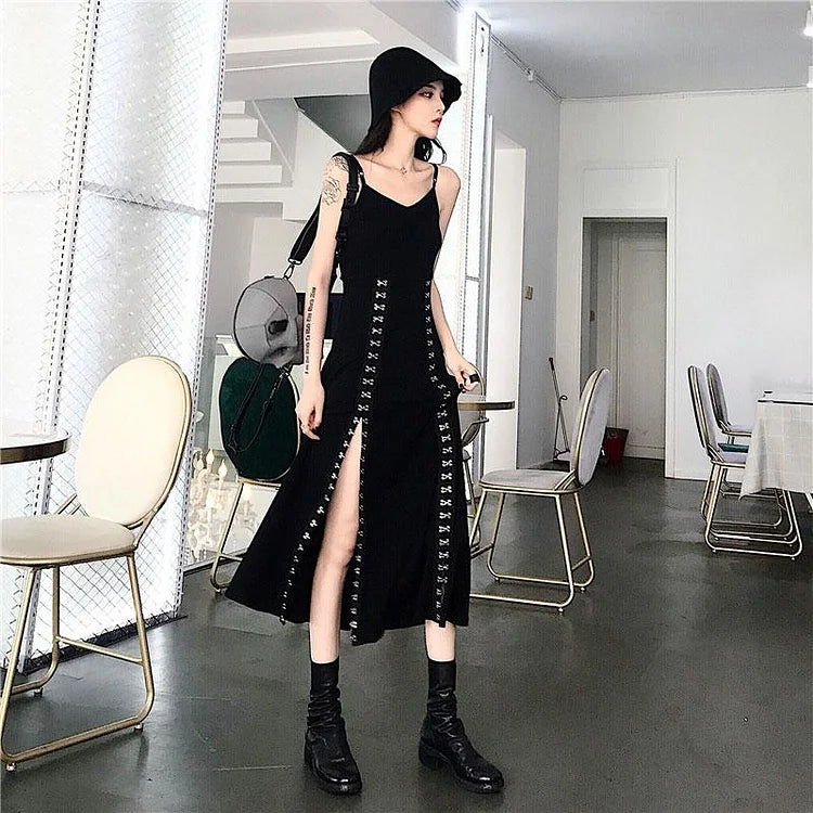 Stylish Gothic Hollow Lace Up Sweatshirt Split Long Dress Two Piece Set