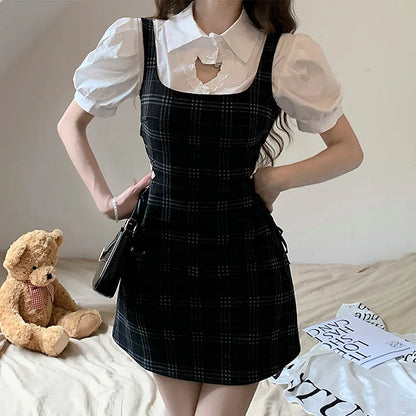 Sweet Love Heart Hollow Out Collar Shirt Lace Up Plaid Dress Two Piece Set