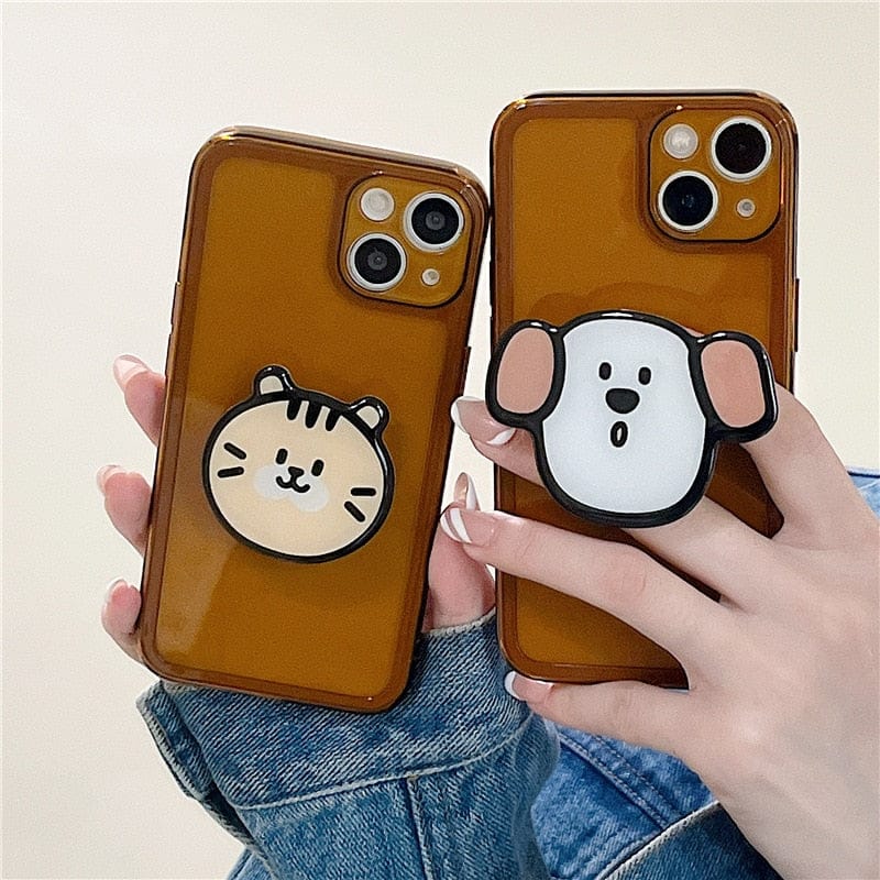 Retro Kawaii Puppy Cat Bracket Chocolate Clear Phone Case For iPhone