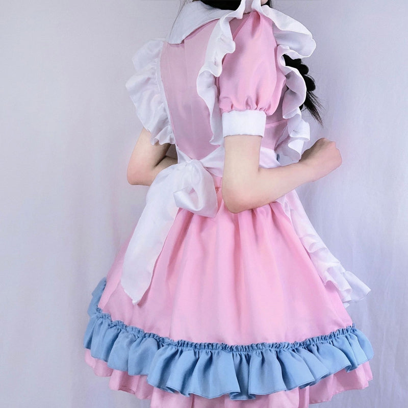Kawaii Charm: Lolita Paw Bow Maid Dress in Pink and Blue"