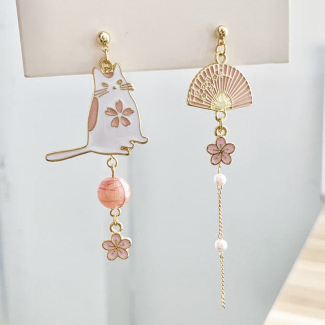 Sakura Fan Cat Earrings