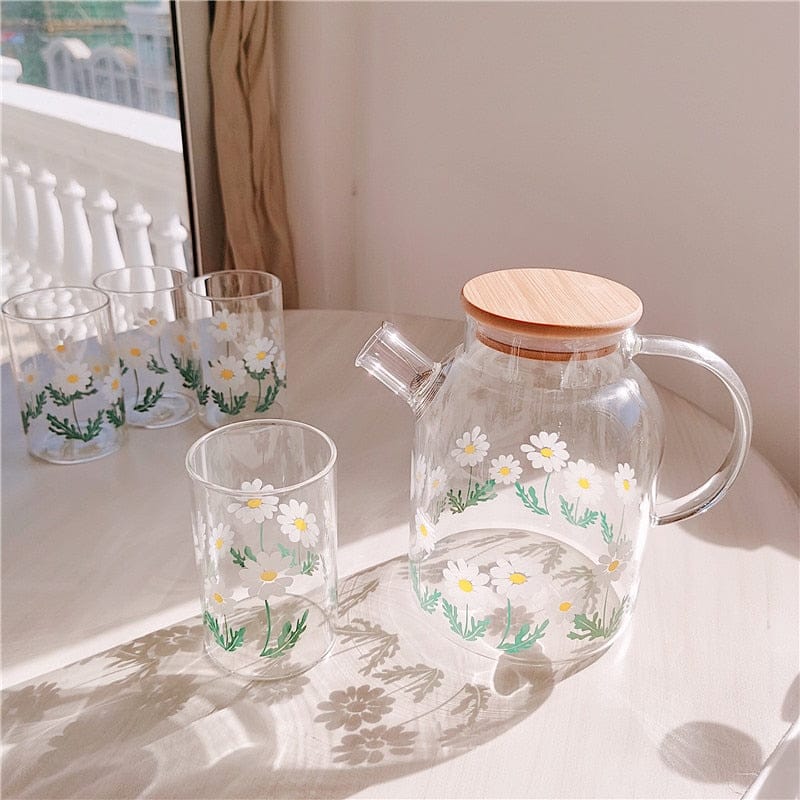 Shoppu Cafe Daisy Flower Print Glass Water Bottle & Cup
