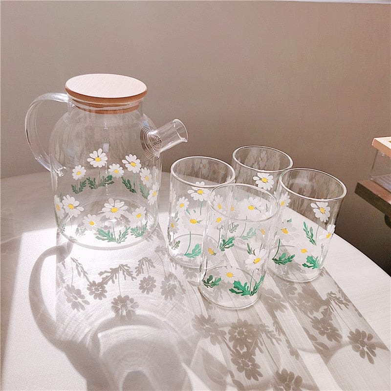 Shoppu Cafe Daisy Flower Print Glass Water Bottle & Cup
