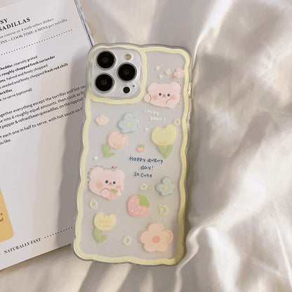 Sweet Summer Chocolate Bear Flowers Transparent Phone Case For iPhone
