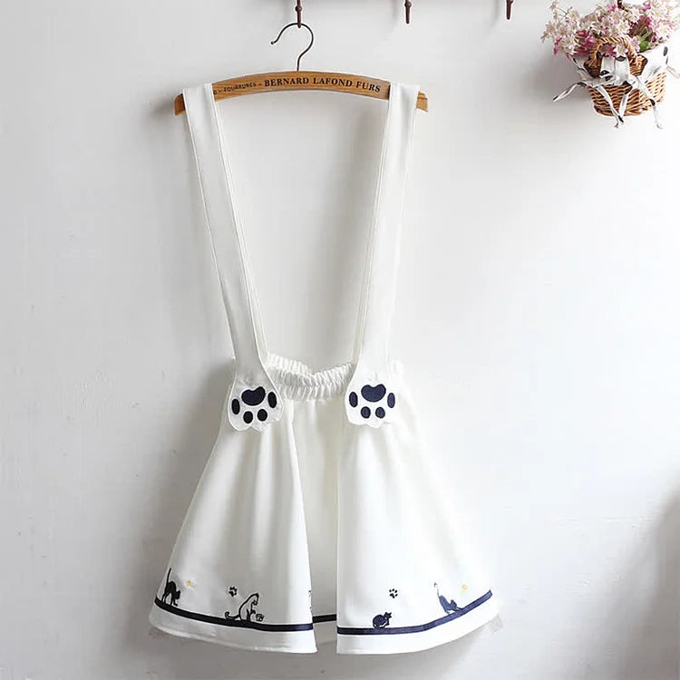Cute Cartoon Kitty Fish Letter T-Shirt and Overalls Dress Set