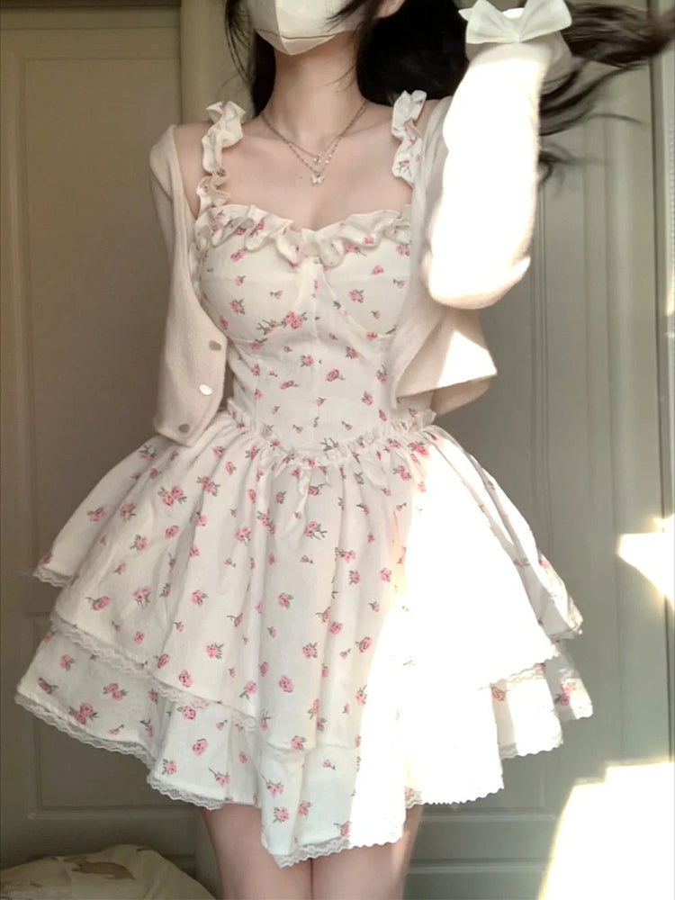 Enchanting French Vintage Floral High-Waisted Mini Dress