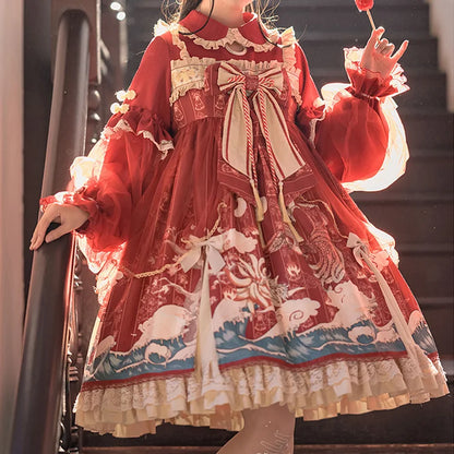 Kawaii Sweet Lolita Dress with Bow Ruffle Lace Sleeve
