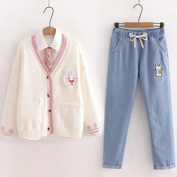 Japanese Cartoon Bunny Embroidery Cardigan Sweater Jeans Set - Casual Style
