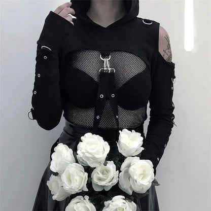 Eclipse of Elegance: Dark Gothic Hollow Out Off Shoulder Hoodie - Unleash Your Inner Mystery! 🖤✨