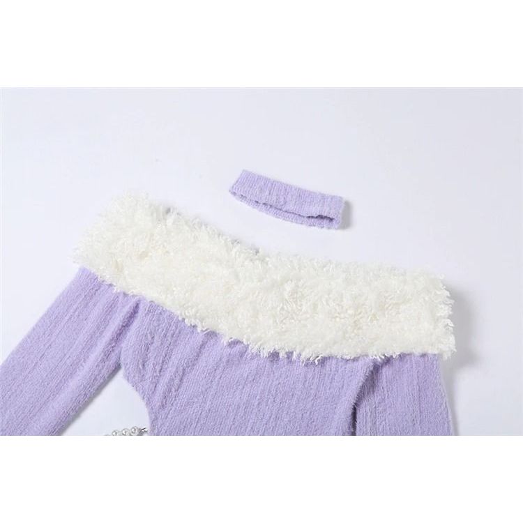 Lavender Woolen Fur Halterneck Dress for a Glamorous Look