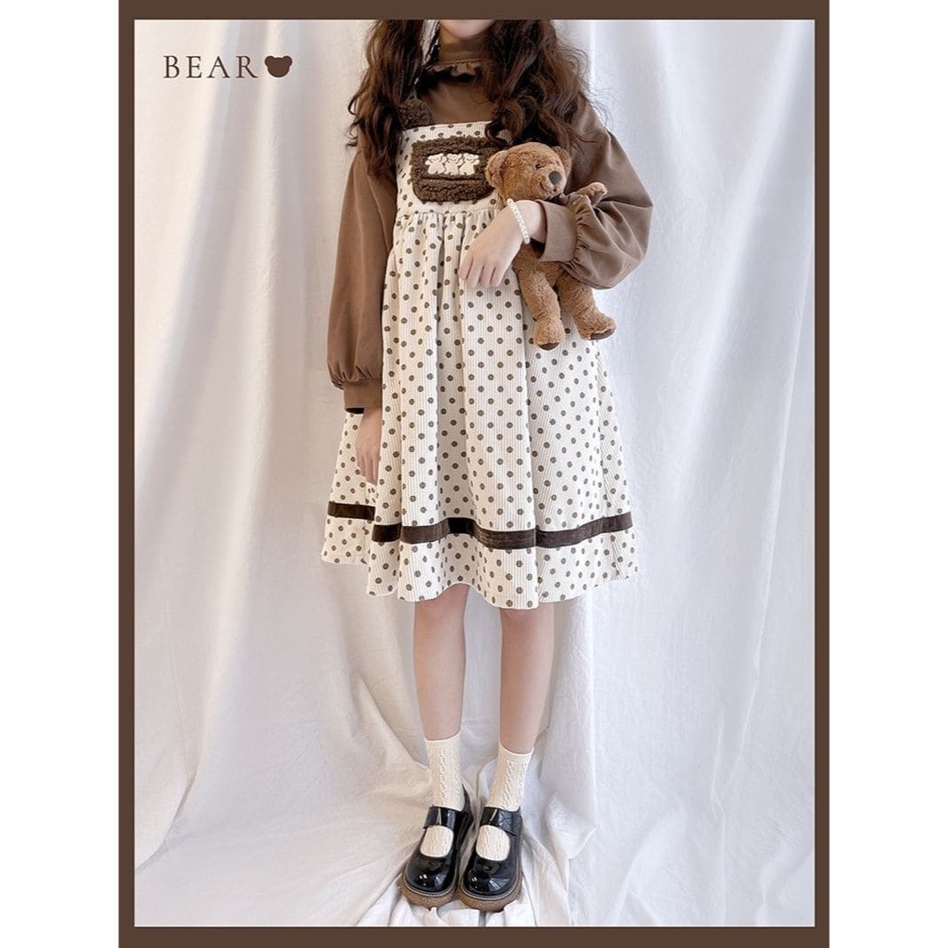 Cute Lolita Sweet Bear Shirt Strap Dress Two Piece Set