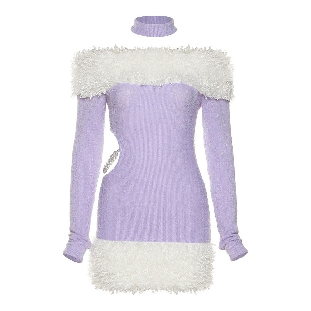 Lavender Woolen Fur Halterneck Dress for a Glamorous Look