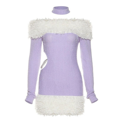 Lavender Woolen Fur Halterneck Dress for a Glamorous Look