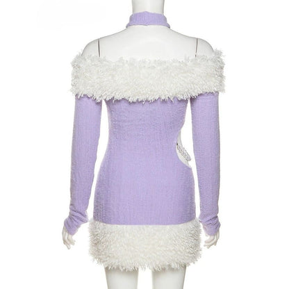 Lavender Woolen Fur Halterneck Dress for a Glamorous Look