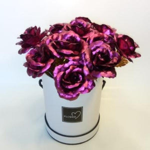 12 Galaxy Roses in a Round Suede Box with a 3D Pop Up Gift Card