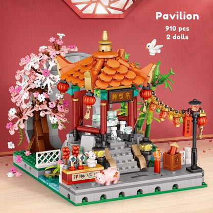 Chinese Street Bridge Pavilion Teahouse Micro Building Set Collection